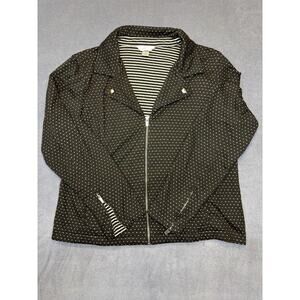 Christopher Banks Black Mini Polka Dot Zip Front Moto Jacket Women's Size XL